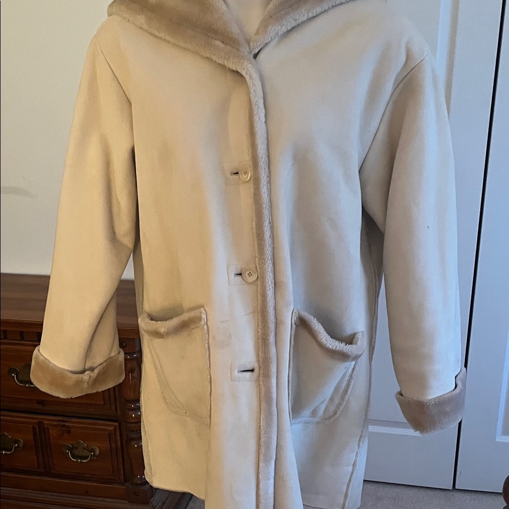 1 Madison Cream Hooded Suede Shearling Coat - Sherpa Lined